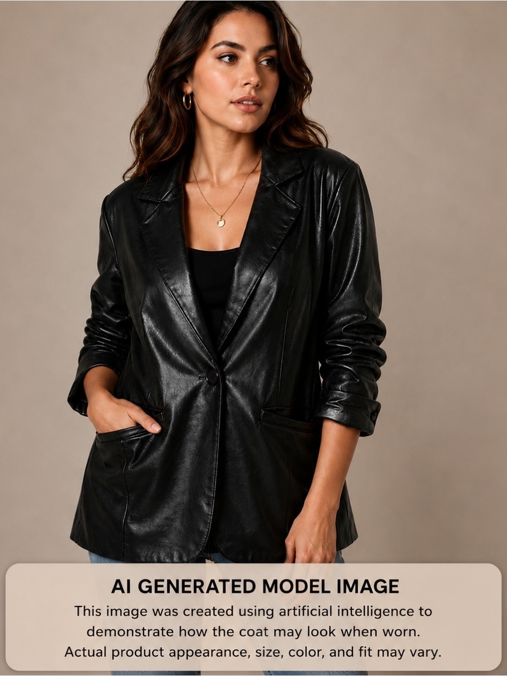 Democracy Black Faux Leather Coat Jacket Blazer, Ruched Sleeve Black Medium